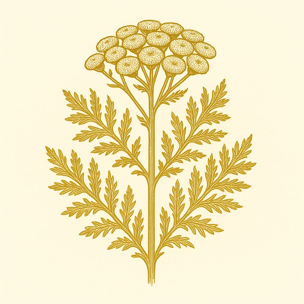 Creation by 아임플랜츠: A square botanical illustration of Tansy (Tanacetum vulgare), centered composition featuring one branching stem with clean stylized lines, subtle shading, off-white background, classic botanical-plate style, single-color golden-yellow palette, no text.