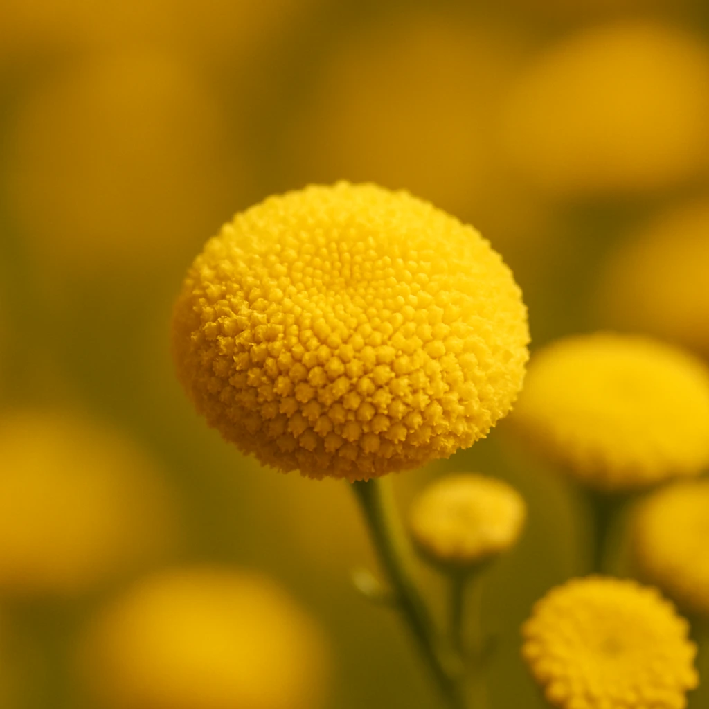 Creation by 아임플랜츠: A square-format close-up photograph of Tansy (Tanacetum vulgare), focusing on one round flower head with crisp petal detail and shallow depth of field, warm natural lighting, smooth bokeh, single-color yellow emphasis only, no text.