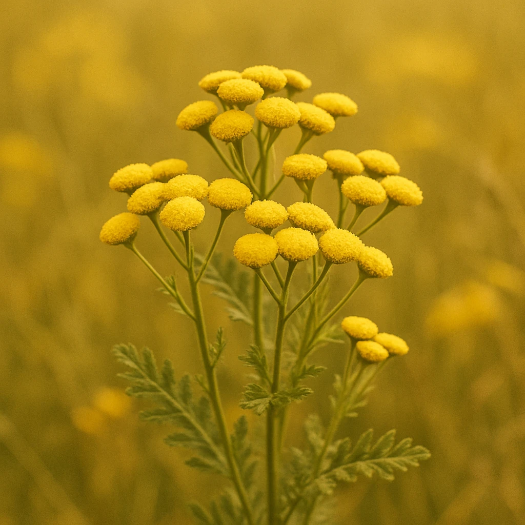 Creation by 아임플랜츠: A square-format full-shot photograph of Tansy (Tanacetum vulgare), showing a natural cluster of bright yellow button-like blooms standing upright in a meadow, soft diffused daylight, gentle background blur, high-resolution natural texture, single-color yellow emphasis only, no text.