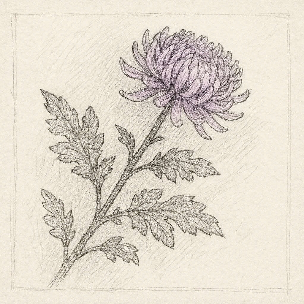 Creation by 아임플랜츠: A square pencil-and-ink style sketch of Chrysanthemum (Chrysanthemum × morifolium), depicting a diagonal stem with one purple-toned bloom indicated by minimal tint, fine graphite hatching, visible paper grain, monochrome line work with a single purple accent only, calm naturalist sketchbook mood, no text.