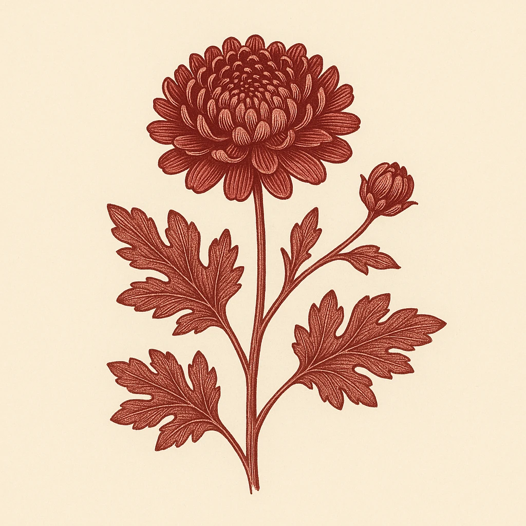 Creation by 아임플랜츠: A square botanical illustration of Chrysanthemum (Chrysanthemum × morifolium), centered composition featuring one branching stem with a single deep red bloom, clean stylized lines, subtle shading, off-white background, classic botanical-plate style, single-color red palette, no text.
