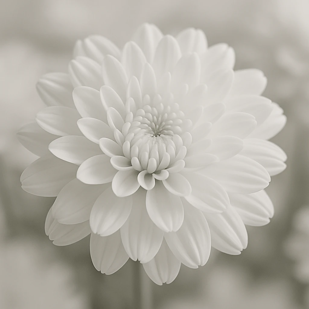 Creation by plants.im: A square-format close-up photograph of Chrysanthemum (Chrysanthemum × morifolium), focusing on a single pure white flower head with crisp petal detail and shallow depth of field, smooth natural bokeh, soft neutral lighting, single-color white emphasis only, no text.