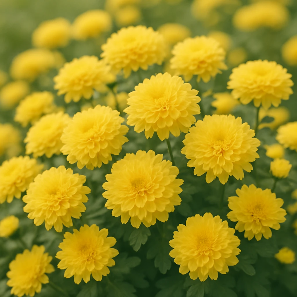 Creation by plants.im: A square-format full-shot photograph of Chrysanthemum (Chrysanthemum × morifolium), showing a wide cluster of bright yellow blooms arranged naturally in a garden setting, soft diffused daylight, gentle background blur, high-resolution texture across all petals and leaves, single-color yellow emphasis only, no text.