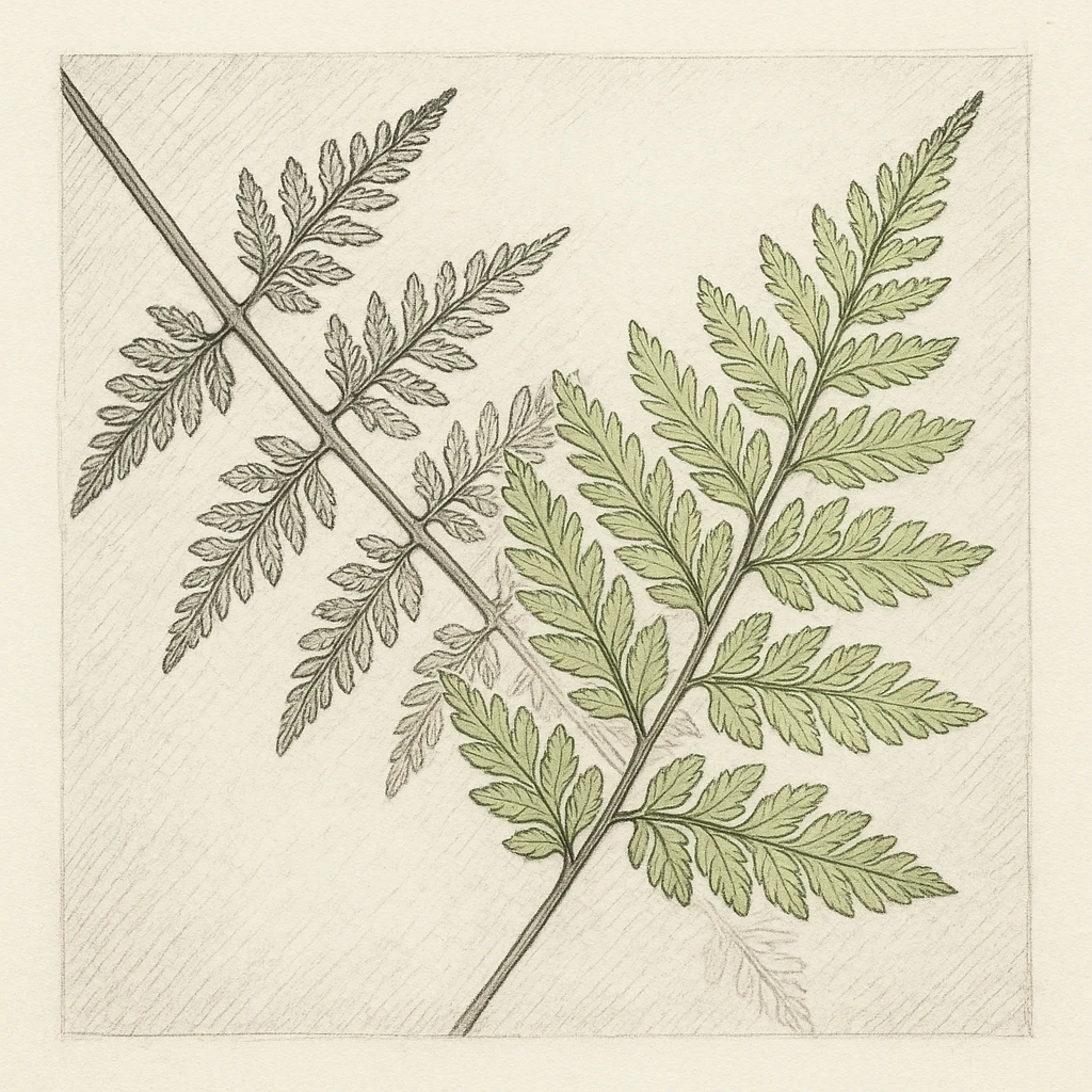 Creation by 아임플랜츠: A square pencil-and-ink style sketch of Ferns (Ferns, Pteridophytes, Pteridophyta), depicting a diagonal stem with one highlighted frond using a minimal pale green tint, fine graphite hatching, visible paper grain, calm naturalist sketchbook mood, monochrome line work with one-color accent only, no text.