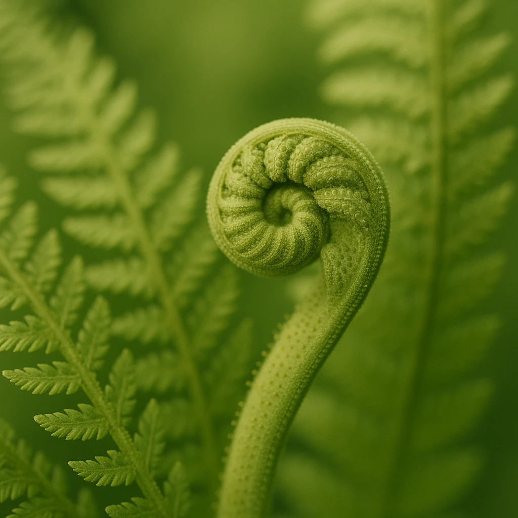 Creation by 아임플랜츠: A square-format close-up photograph of Ferns (Ferns, Pteridophytes, Pteridophyta), focusing on one curled fiddlehead with detailed surface texture and fine spores, shallow depth of field, soft warm lighting, smooth natural bokeh, single-color light green emphasis, crisp macro detail, no text.