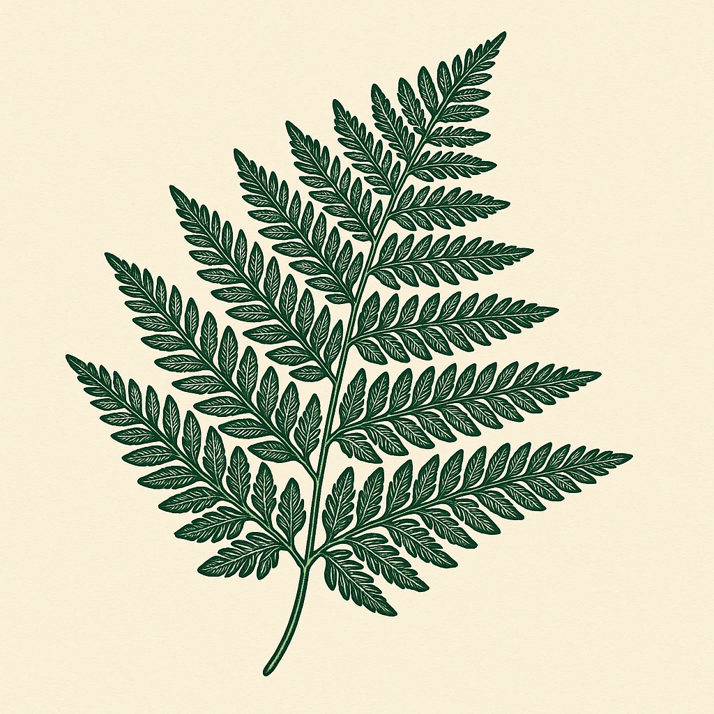 Creation by 아임플랜츠: A square botanical illustration of Ferns (Ferns, Pteridophytes, Pteridophyta), centered composition with one branching frond rendered in clean stylized lines, subtle shading and defined leaflet repetition, off-white background, single-color deep green palette, classic botanical-plate aesthetic, no text.