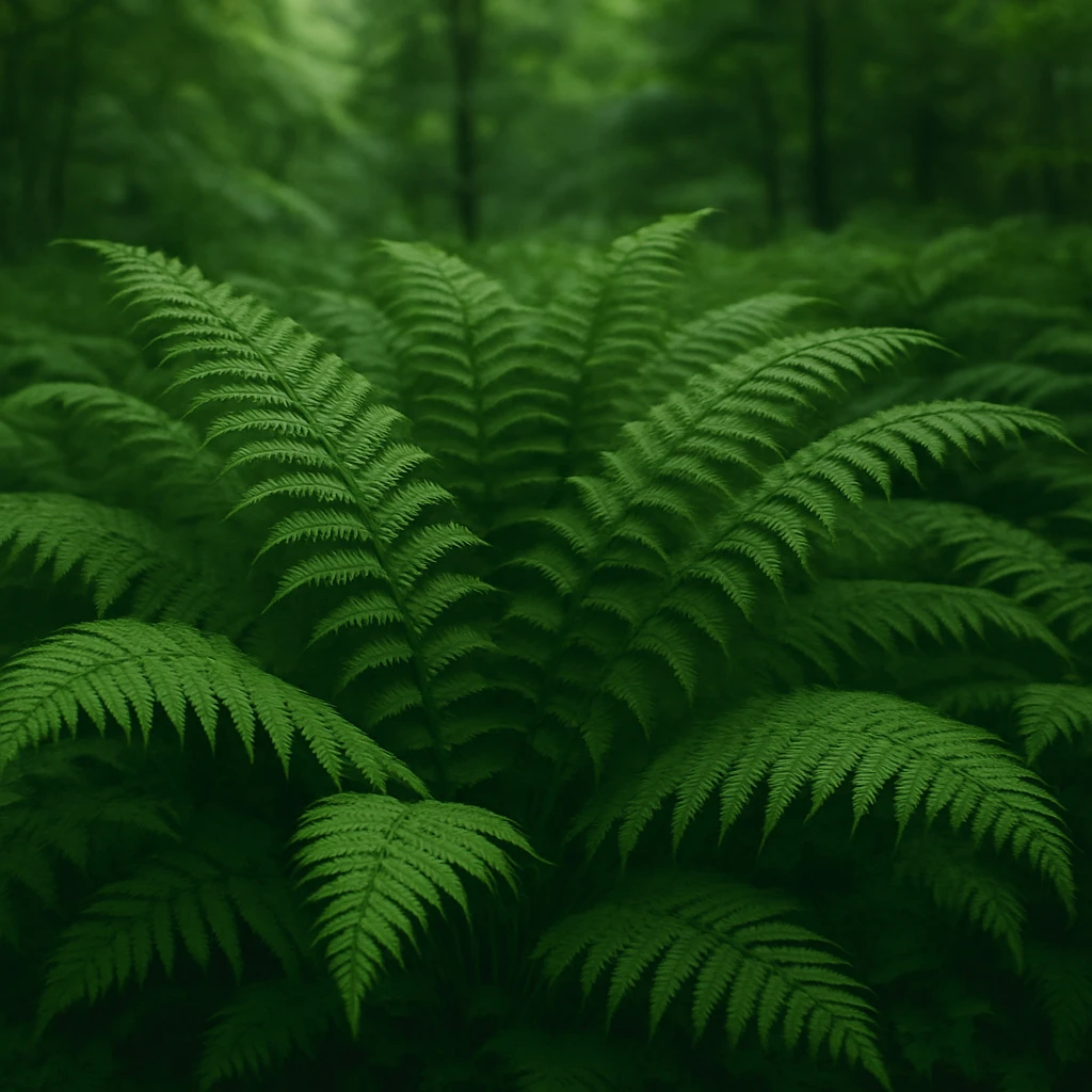 Creation by 아임플랜츠: A square-format full-shot photograph of Ferns (Ferns, Pteridophytes, Pteridophyta), showing a wide cluster of rich green fronds arching naturally from the forest floor, soft diffused daylight filtering through overhead canopy, gentle background blur, single-color green foliage emphasized, high-resolution natural texture, no text.