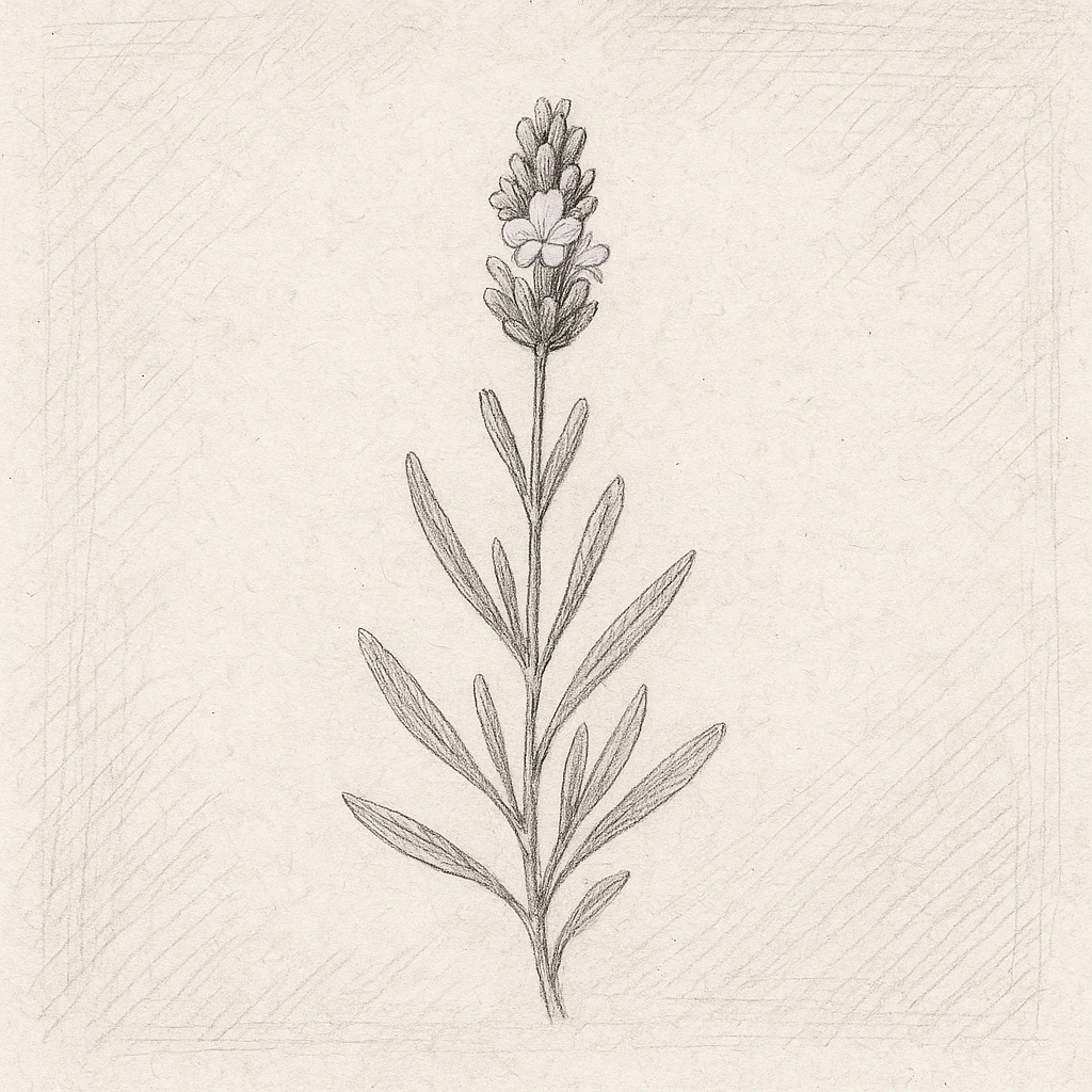 Creation by plants.im: A square-format pencil-and-ink style sketch of Lavender (Lavandula angustifolia), featuring a single white-lavender bloom on a thin stem, fine graphite hatching, visible paper grain, minimal tint only on the flower, calm naturalist sketchbook atmosphere, no text.