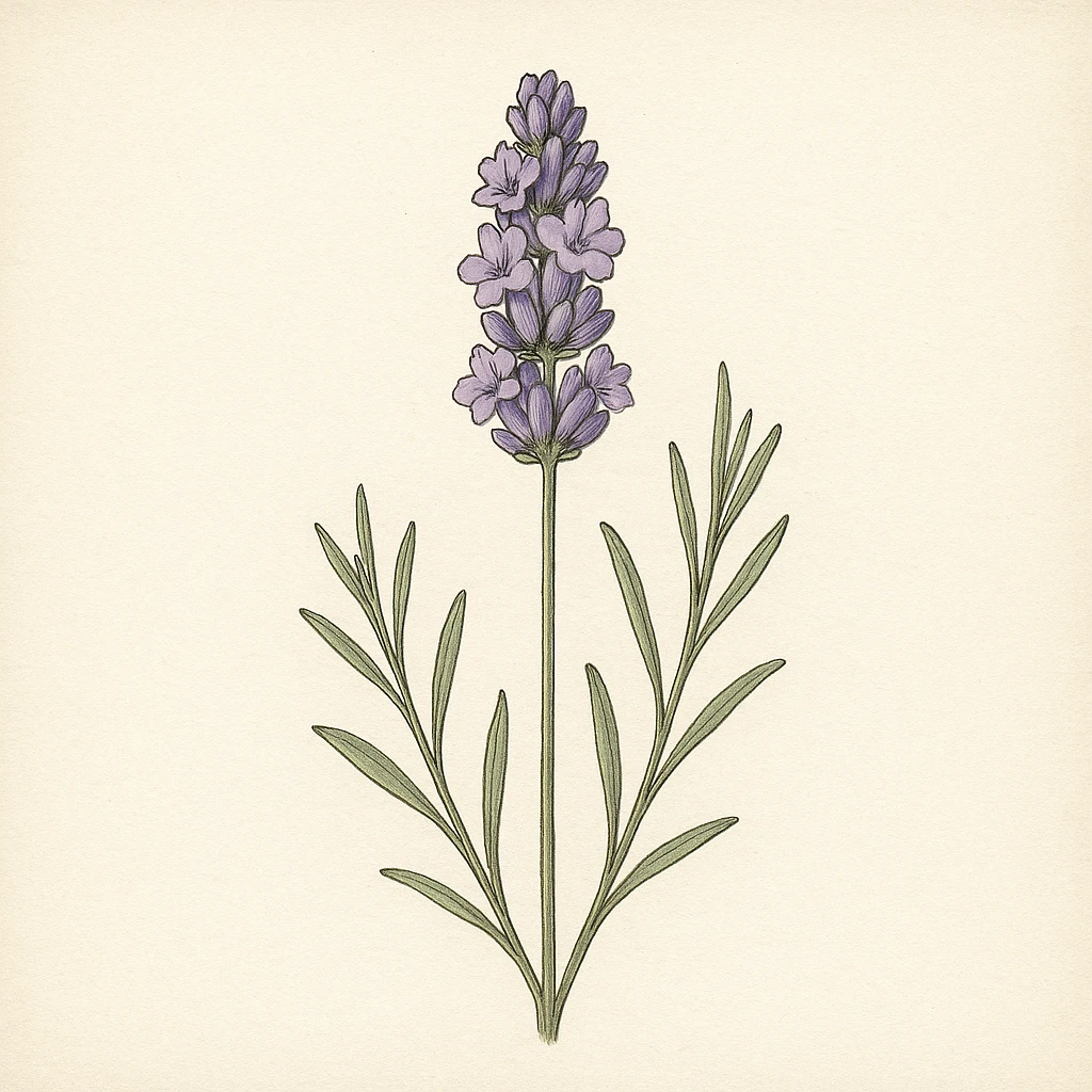 Creation by plants.im: A square-format botanical illustration of Lavender (Lavandula angustifolia), depicting one pale-violet flower head with slender green stems, precise linework, subtle watercolor shading, classic botanical-plate style, clean off-white background, no text.