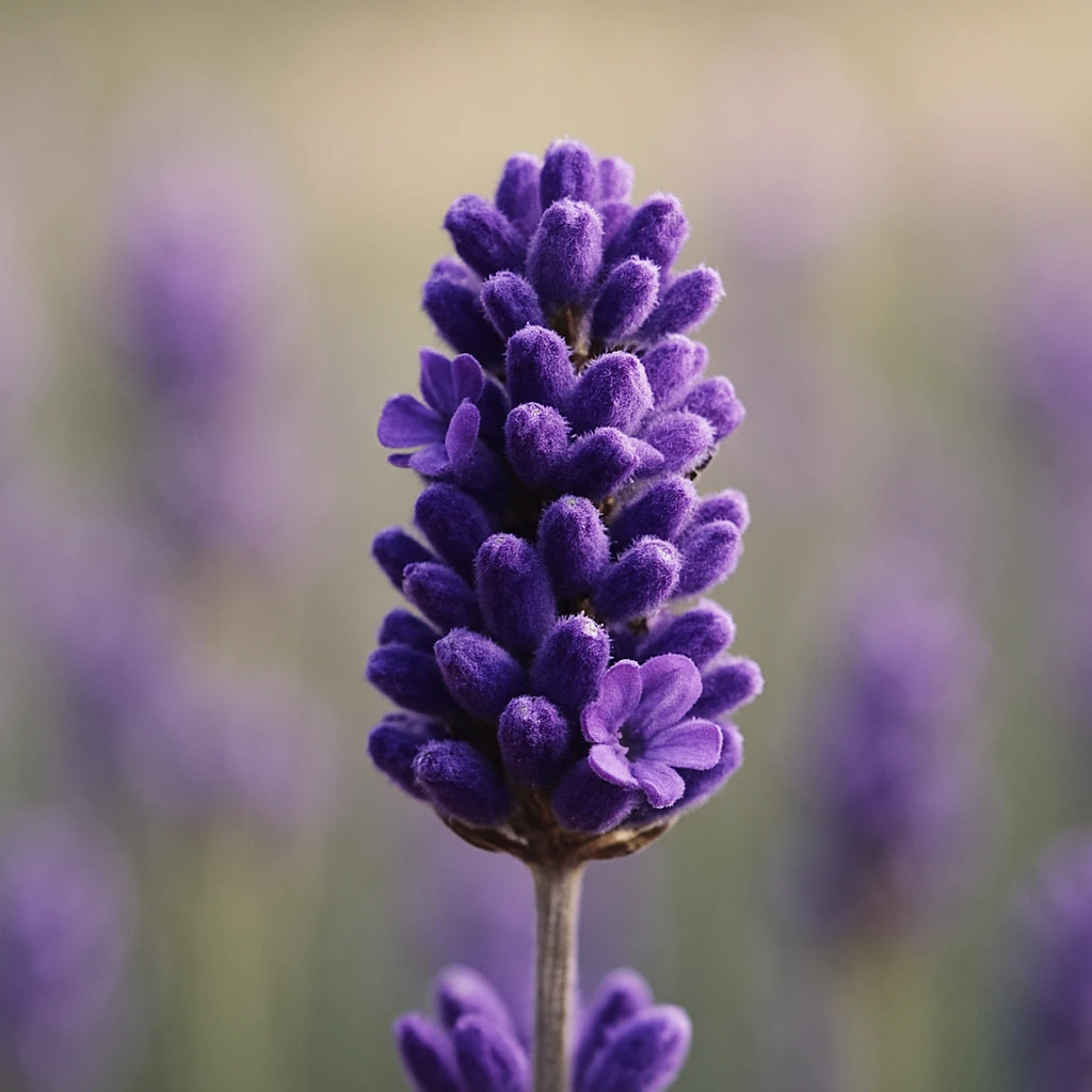 Creation by plants.im: A square-format close-up photograph of Lavender (Lavandula angustifolia), focusing on a single deep-purple bloom cluster with crisp petal detail, shallow depth of field, smooth neutral bokeh, soft natural lighting, hyper-detailed macro look, no text.