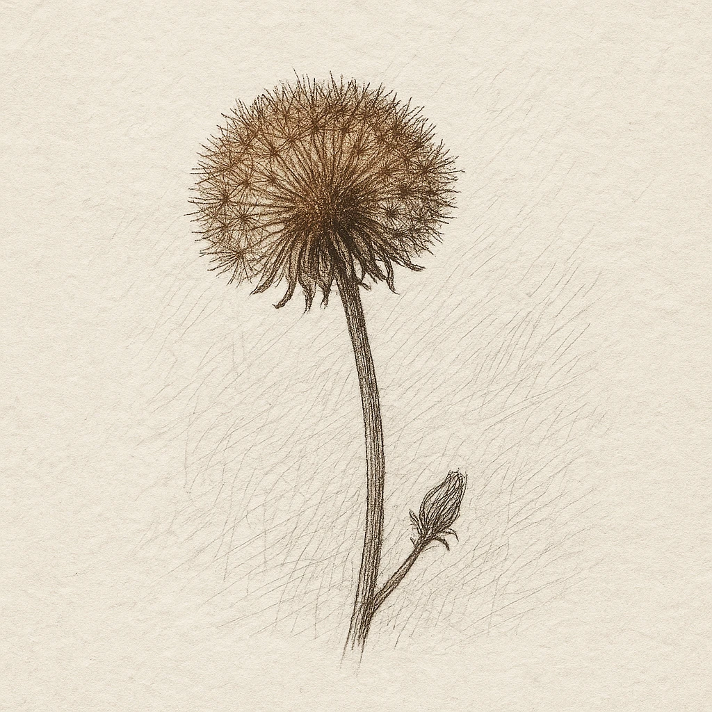 Creation by plants.im: A square pencil-and-ink style sketch of Dandelion (Taraxacum officinale), depicting a single dried brown flower head with finely hatched stem textures, minimal tint only on the brown bloom, visible paper grain, calm naturalist sketchbook atmosphere, monochrome line work except for the bloom accent, no text.