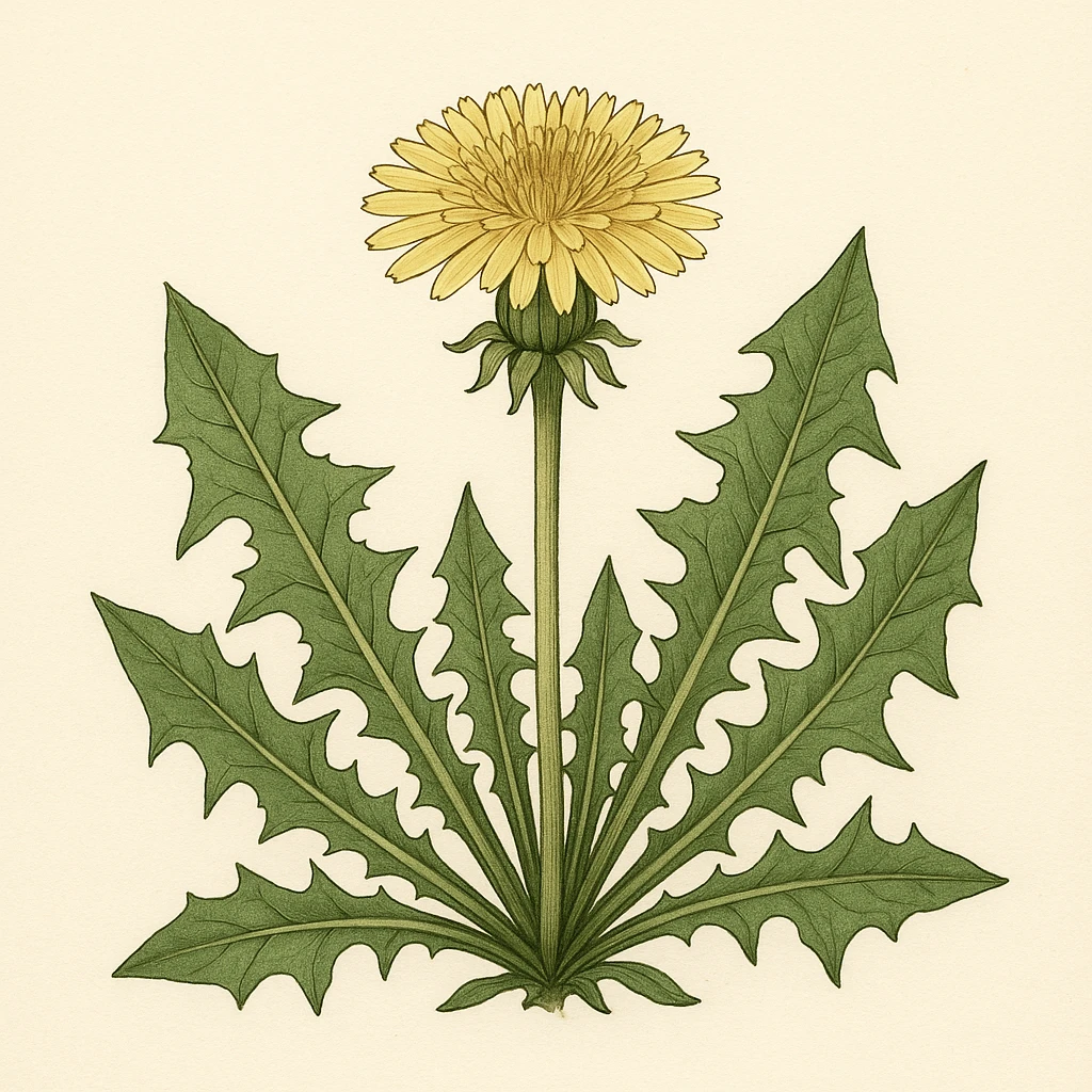 Creation by plants.im: A square botanical illustration of Dandelion (Taraxacum officinale), centered composition featuring one light-yellow flower, several green serrated leaves, and a clean off-white background, classic botanical-plate style, precise linework and subtle shading, no text.