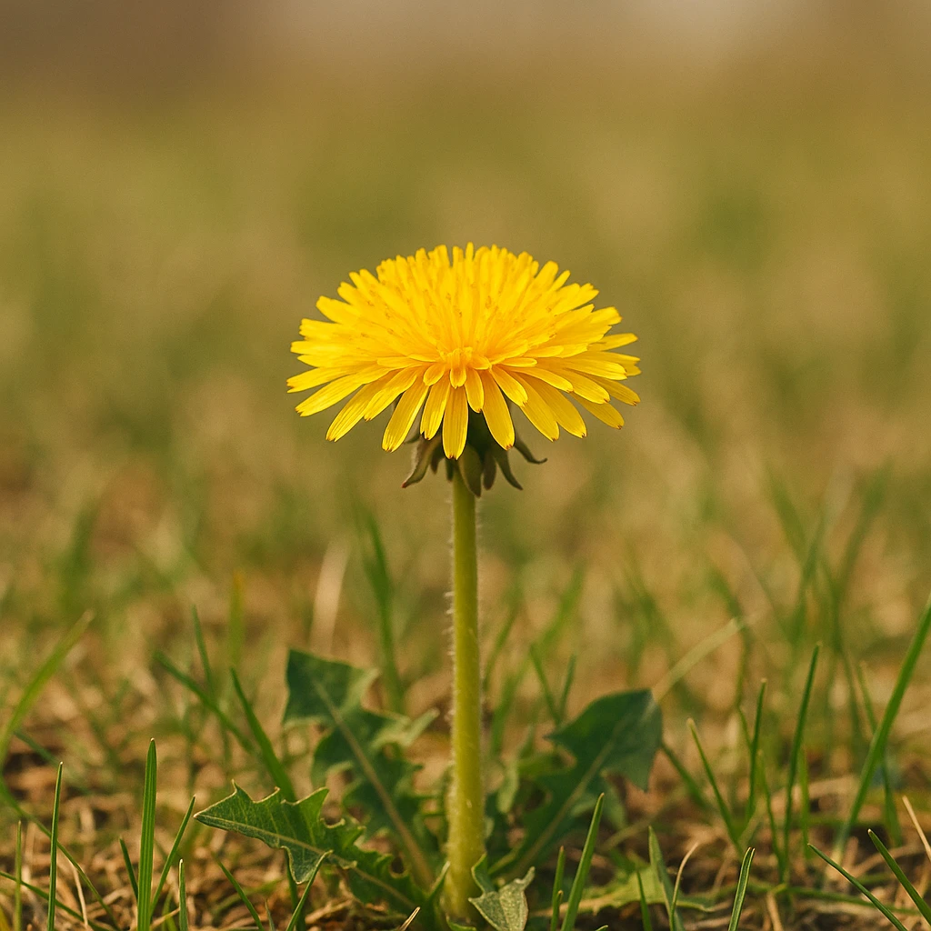 Creation by plants.im: A square-format full-shot photograph of Dandelion (Taraxacum officinale), showing a single bright yellow bloom rising from a short stem in a small patch of early-spring grass, soft natural daylight, gentle background blur, clean warm tones, high-resolution clarity, no text.