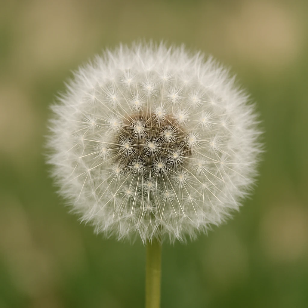 Creation by plants.im: A square-format close-up photograph of Dandelion (Taraxacum officinale), focusing on a single white seed head with sharply defined filament structures, shallow depth of field, smooth neutral bokeh, natural soft lighting, high detail on the spherical fluff texture, no text.