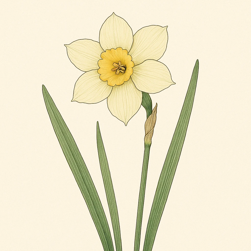 Creation by plants.im: A square botanical illustration of Narcissus (Narcissus), featuring one pale-yellow daffodil with a centered composition, clean linework and delicate shading, off-white background, classic botanical-plate style, no text.