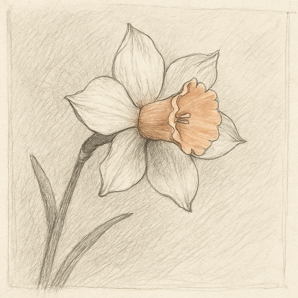 Creation by plants.im: A square pencil-and-ink style sketch of Narcissus (Narcissus), depicting one soft orange daffodil on a diagonal stem, fine graphite hatching, visible paper grain, minimal tint only on the petals, calm naturalist sketchbook atmosphere, no text.