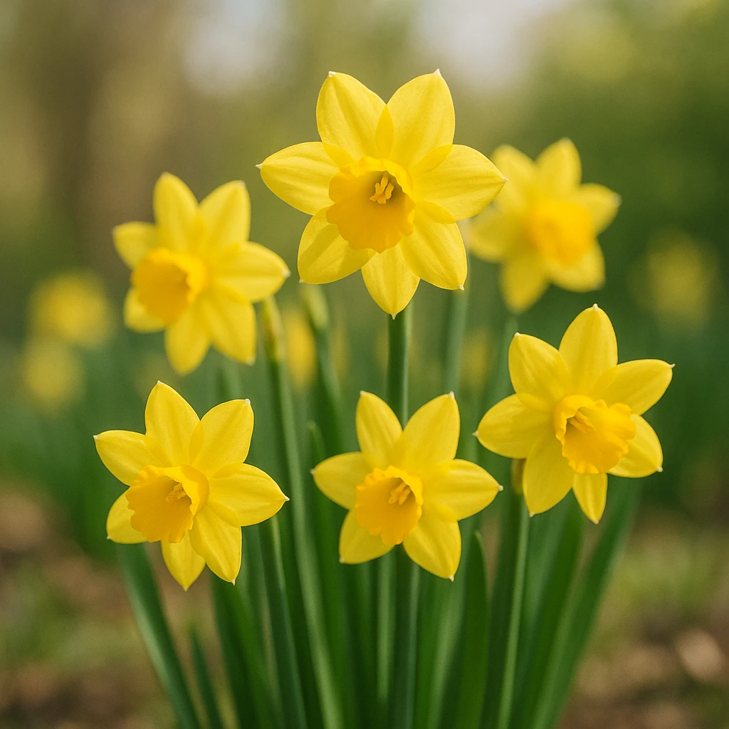 Creation by plants.im: A square-format full-shot photograph of Narcissus (Narcissus), showing a cluster of bright yellow daffodils standing in early-spring daylight, clean natural background blur, vivid petals with a single trumpet-shaped corona, soft sunlight, high-resolution clarity, no text.