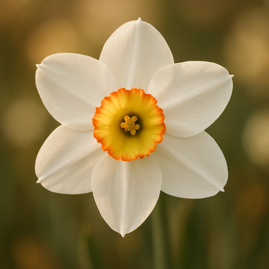Creation by plants.im: A square-format close-up photograph of Narcissus (Narcissus), focusing on a single pure white daffodil bloom with a sharply detailed corona, shallow depth of field, gentle warm light, smooth bokeh, crisp petal texture, no text.