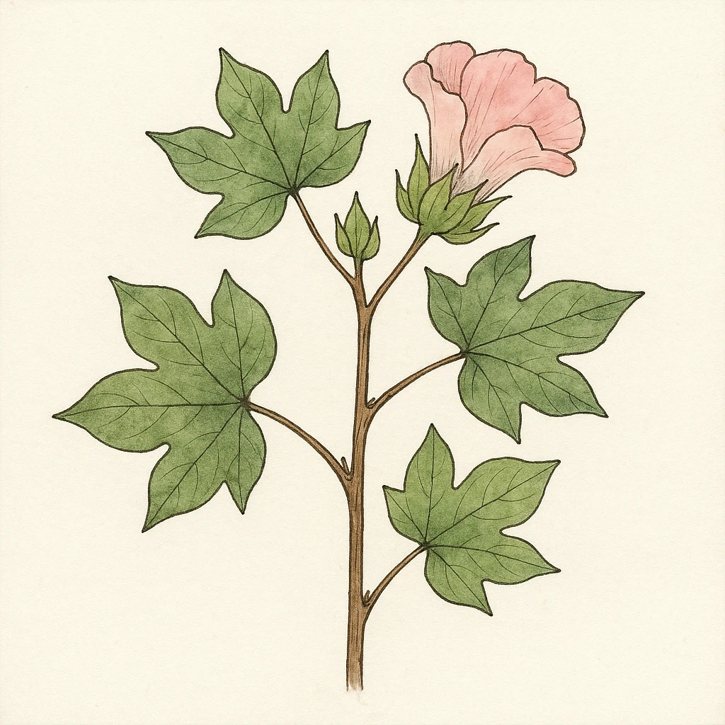 Creation by plants.im: A square botanical watercolor illustration of Gossypium hirsutum, featuring a central stem and leaves with one light-pink flower rendered in clean ink-and-watercolor style, off-white background, delicate naturalist aesthetic, no text.