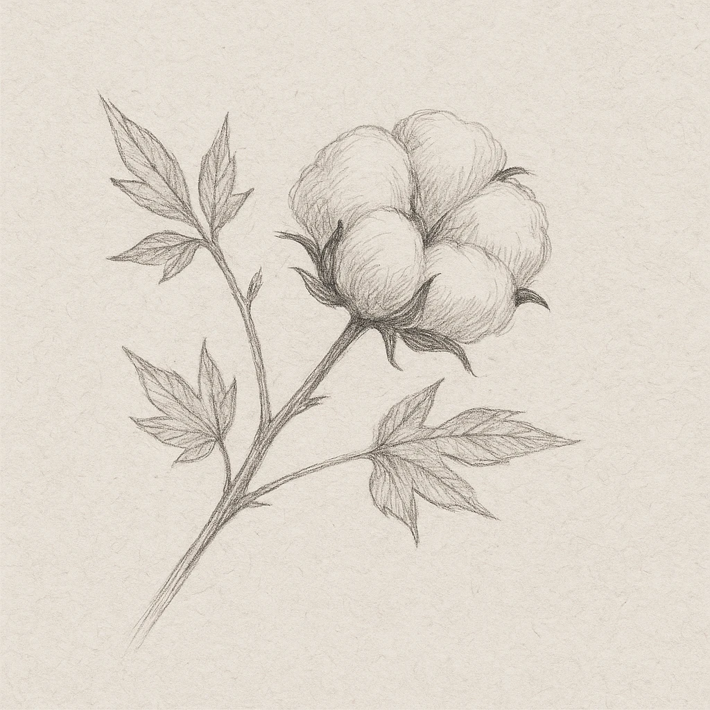 Creation by plants.im: A square pencil-and-ink style sketch of Gossypium hirsutum, depicting a diagonal stem with one white cotton flower shaded with a single light-gray accent, fine graphite hatching, subtle paper grain texture, minimalist sketchbook atmosphere, no text.