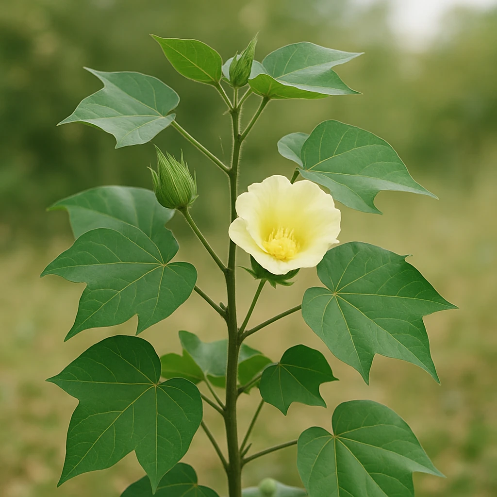 Creation by plants.im: A square full-shot photograph of Gossypium hirsutum (Upland cotton), showing the entire plant with upright stems, broad green leaves, and one pale-yellow cotton flower as the focal point, natural daylight, soft background blur, balanced botanical framing, no text.