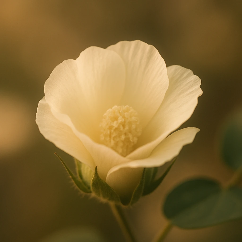 Creation by plants.im: A square-format macro close-up photograph of Gossypium hirsutum (cotton), focusing on a single cream-colored flower with sharply detailed petals and a soft central texture, shallow depth of field, warm gentle lighting, smooth bokeh, clean botanical composition, no text.