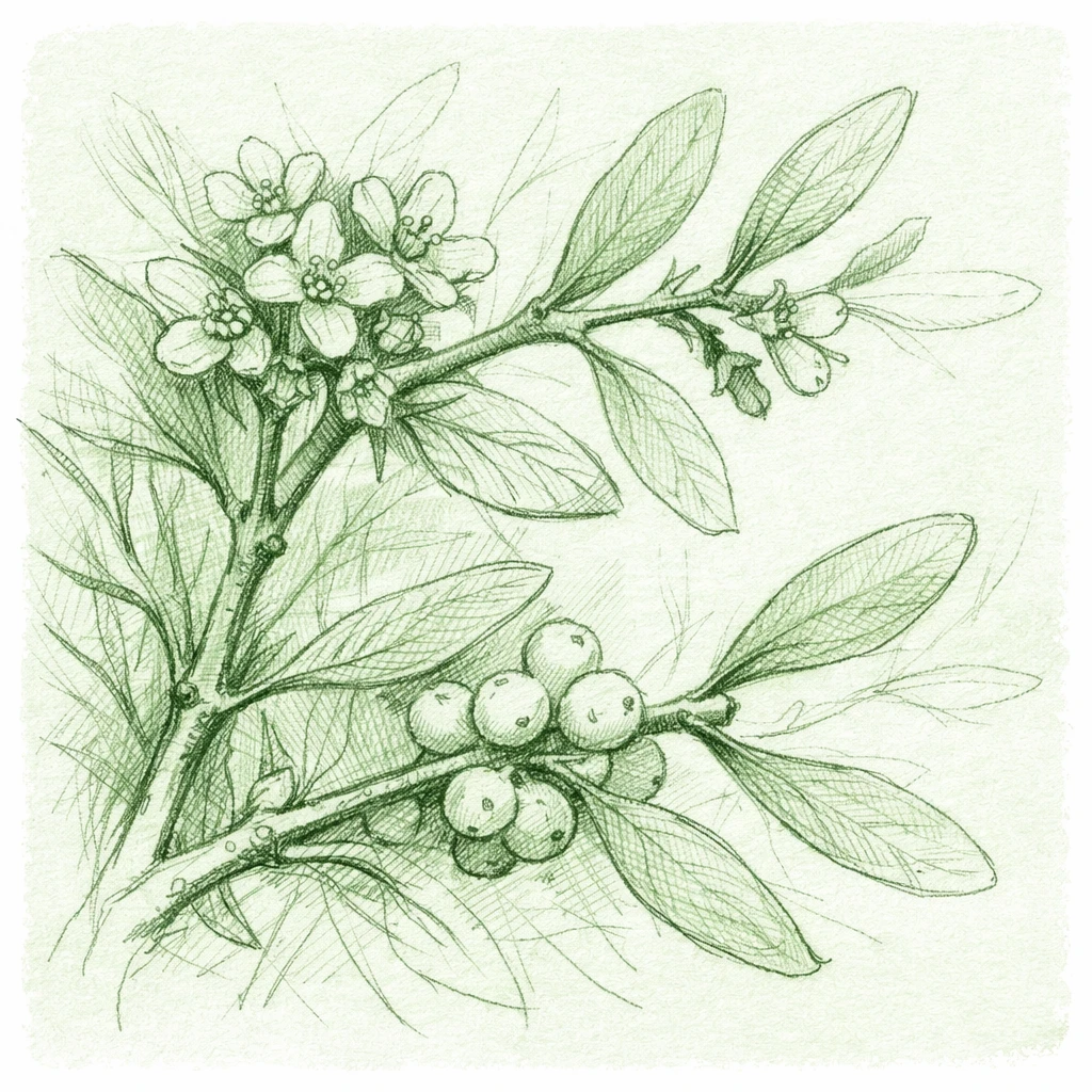 Creation by plants.im: A square-format hand-drawn botanical sketch of mistletoe (Viscum album) flowers in light green tones. Pencil and ink style with visible line work and subtle cross-hatching. Slightly asymmetrical composition for a natural feel, monochrome sketch base with gentle green tint, natural imperfections preserved, no text, botanical sketchbook style.