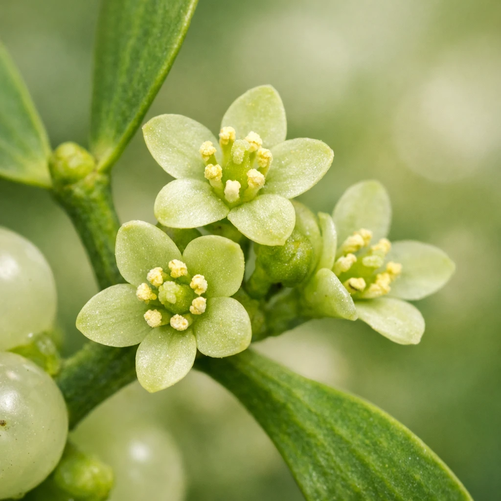 Creation by plants.im: A square-format photorealistic close-up of mistletoe (Viscum album) flowers in pale green. Macro photography focusing on the delicate structure of the flowers and surrounding leaves, crisp surface detail, shallow depth of field, smooth natural bokeh background, soft diffused lighting, ultra-realistic botanical color.
