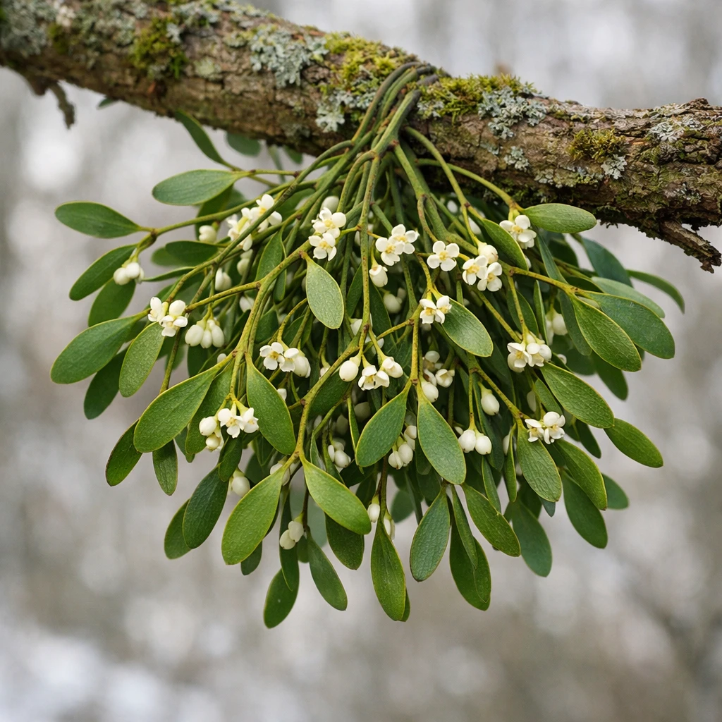Creation by plants.im: A square-format photorealistic full shot of a mistletoe (Viscum album) growing on a tree branch, featuring small white flowers. The entire branch and leaves are visible, naturally hanging in balance. Soft winter daylight, realistic leaf texture, subtle shadows, shallow background blur, high botanical accuracy, DSLR photography style.