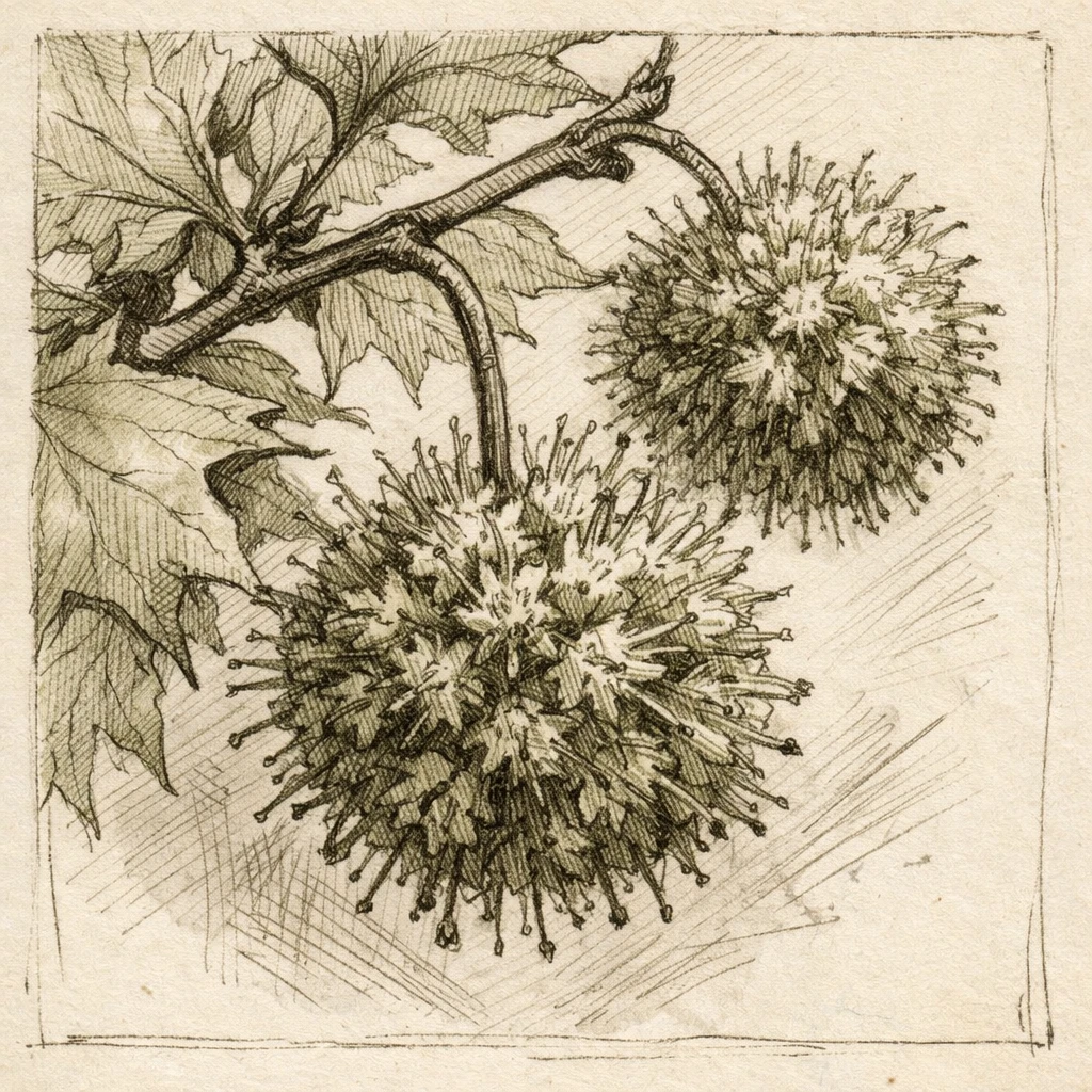 Creation by plants.im: A square-format hand-drawn botanical sketch of a London plane (Platanus × acerifolia) flower cluster in brownish-green tones. Pencil and ink style with visible line work and subtle cross-hatching. Slightly angled composition for a natural feel, monochrome sketch base with gentle color tint, natural imperfections preserved, no text, botanical sketchbook aesthetic.