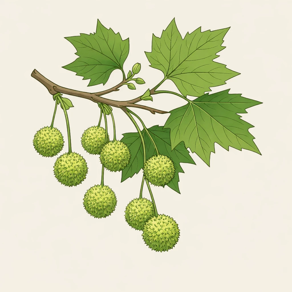 Creation by plants.im: A square-format botanical illustration of a London plane (Platanus × acerifolia) branch with light green spherical flowers. Clean and refined illustration style, smooth outlines, balanced composition with ample negative space. Flat yet elegant shading, soft neutral background, no text, no symbols, modern botanical art aesthetic.