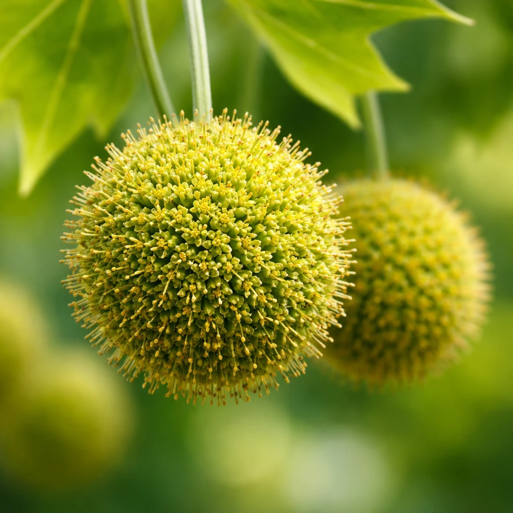 Creation by plants.im: A square-format photorealistic close-up of yellow-green spherical flowers of a London plane (Platanus × acerifolia). Macro photography focusing on the detailed texture of the ball-shaped inflorescence, shallow depth of field, crisp surface details, smooth bokeh background, natural lighting, ultra-realistic botanical color.