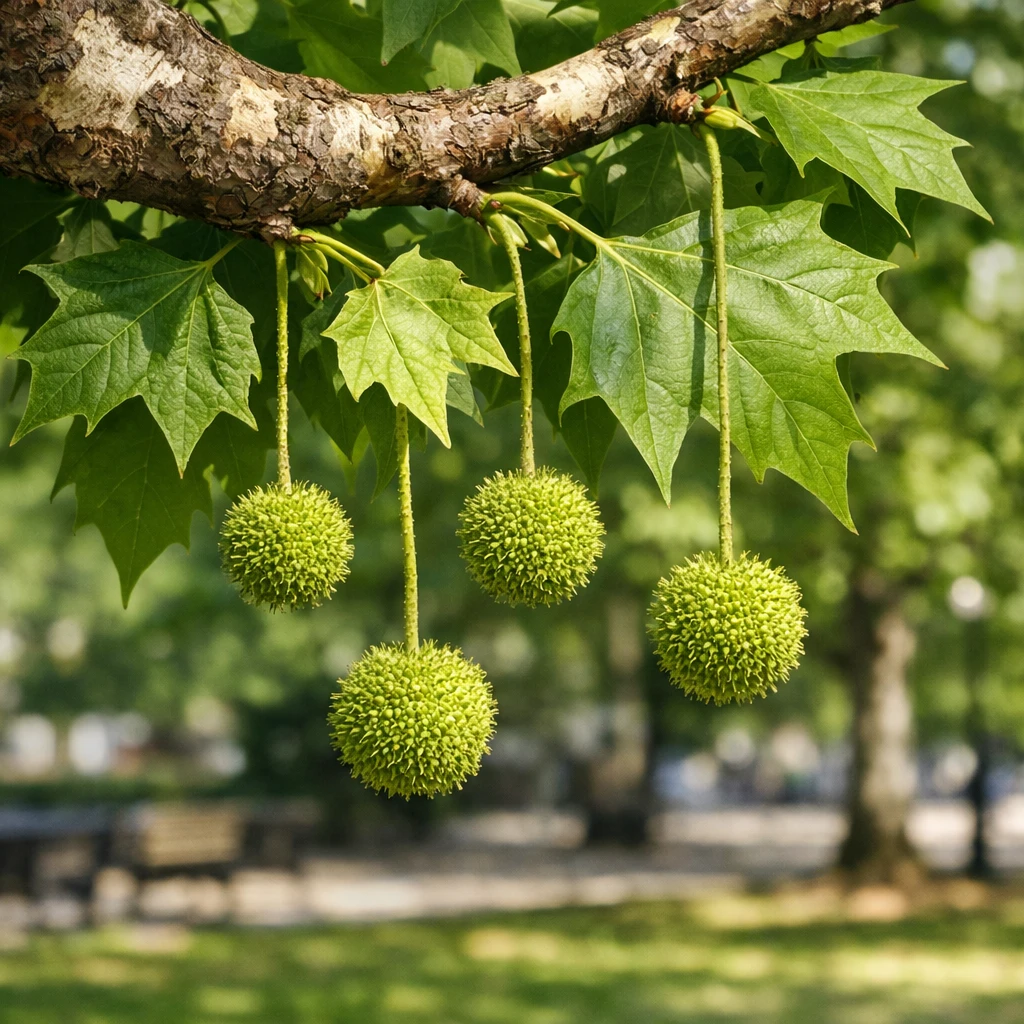 Creation by plants.im: A square-format photorealistic full shot of a London plane tree (Platanus × acerifolia) in bloom, featuring green spherical flower clusters hanging from long stems. The entire branch and leaves are visible, captured in natural daylight. Realistic bark texture, natural shadows, urban park background softly blurred, DSLR photography style, high botanical accuracy.