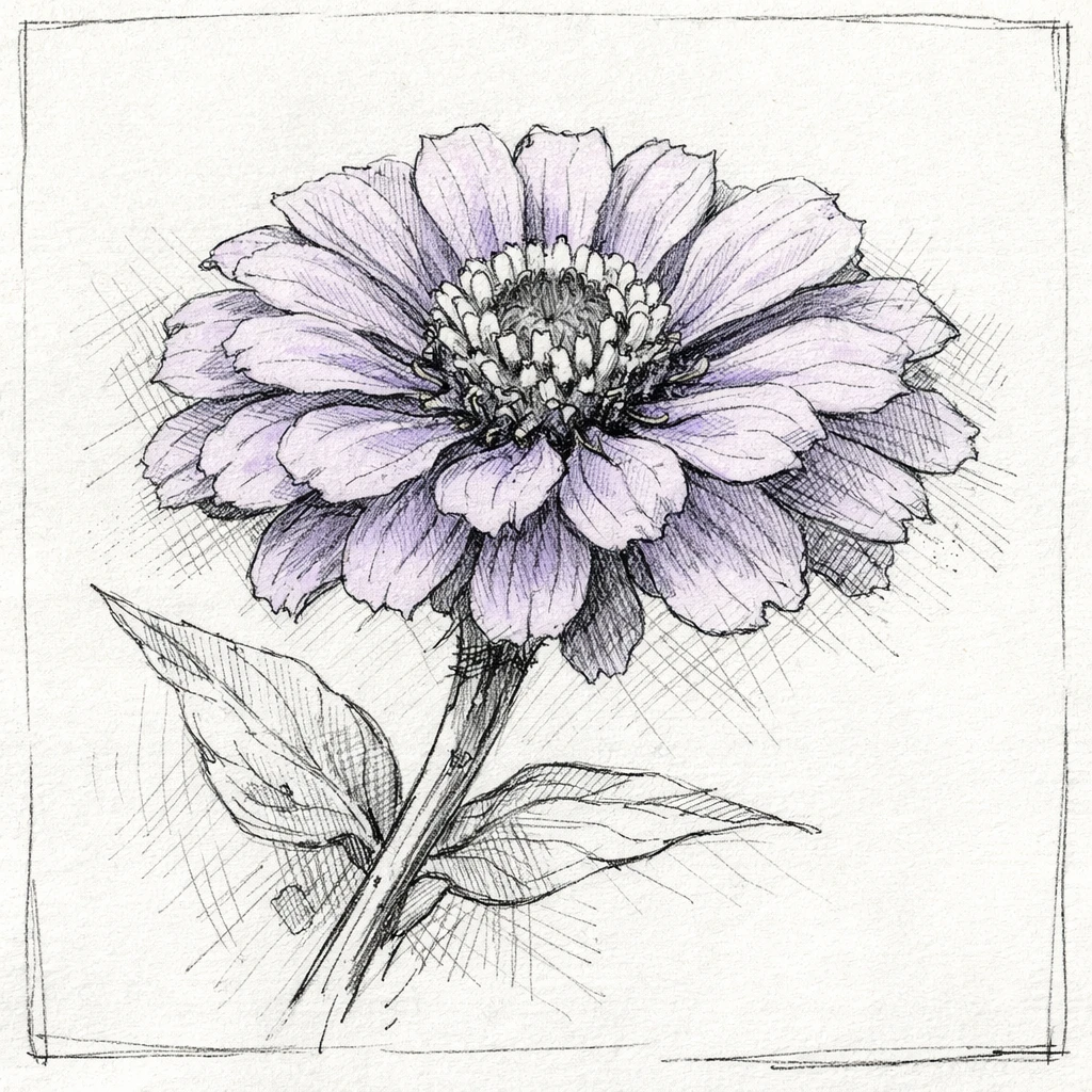 Creation by plants.im: A square-format hand-drawn sketch of a purple Common Zinnia (Zinnia elegans), pencil and ink style with visible line work and light cross-hatching. The flower is slightly angled for a dynamic composition, monochrome sketch base with subtle purple tint on the petals, natural imperfections preserved, no text, botanical sketchbook feel.