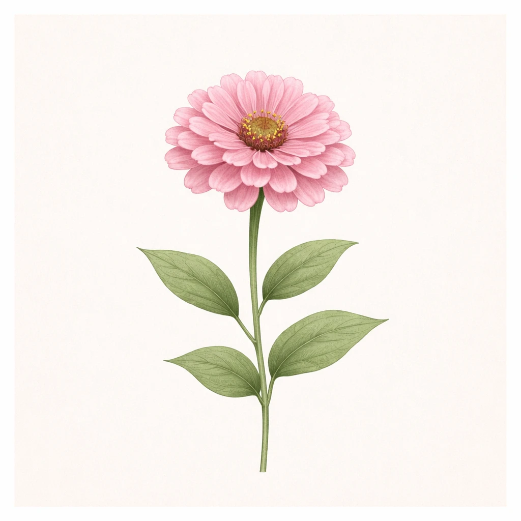 Creation by plants.im: A square-format botanical illustration of a pink Common Zinnia (Zinnia elegans), clean and refined illustration style with smooth outlines and balanced composition. The flower is centered with ample negative space, soft pastel background, no text, no symbols, elegant and modern botanical art aesthetic.