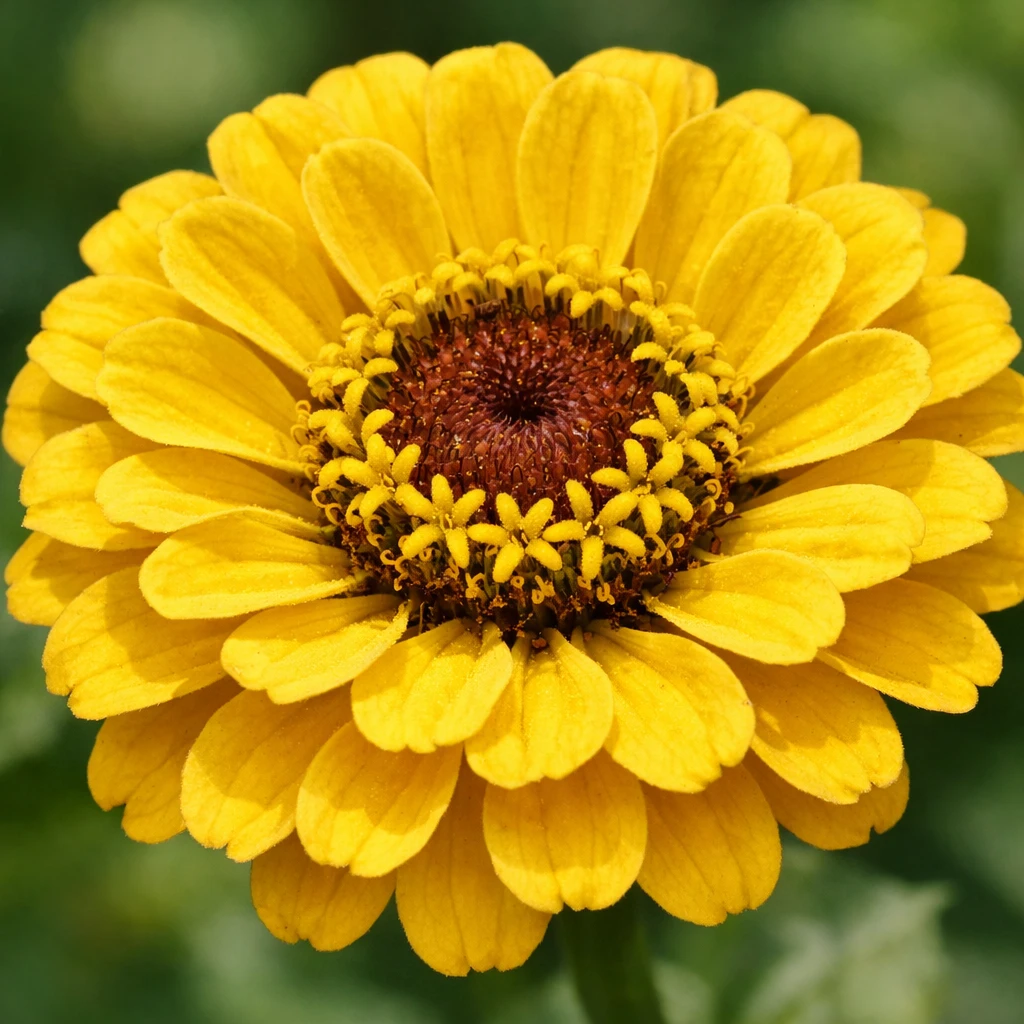 Creation by plants.im: A square-format photorealistic close-up of a yellow Common Zinnia (Zinnia elegans), focusing on the layered petals and detailed central disk. Macro photography with shallow depth of field, crisp petal texture, natural lighting, smooth bokeh background, ultra-realistic color reproduction.