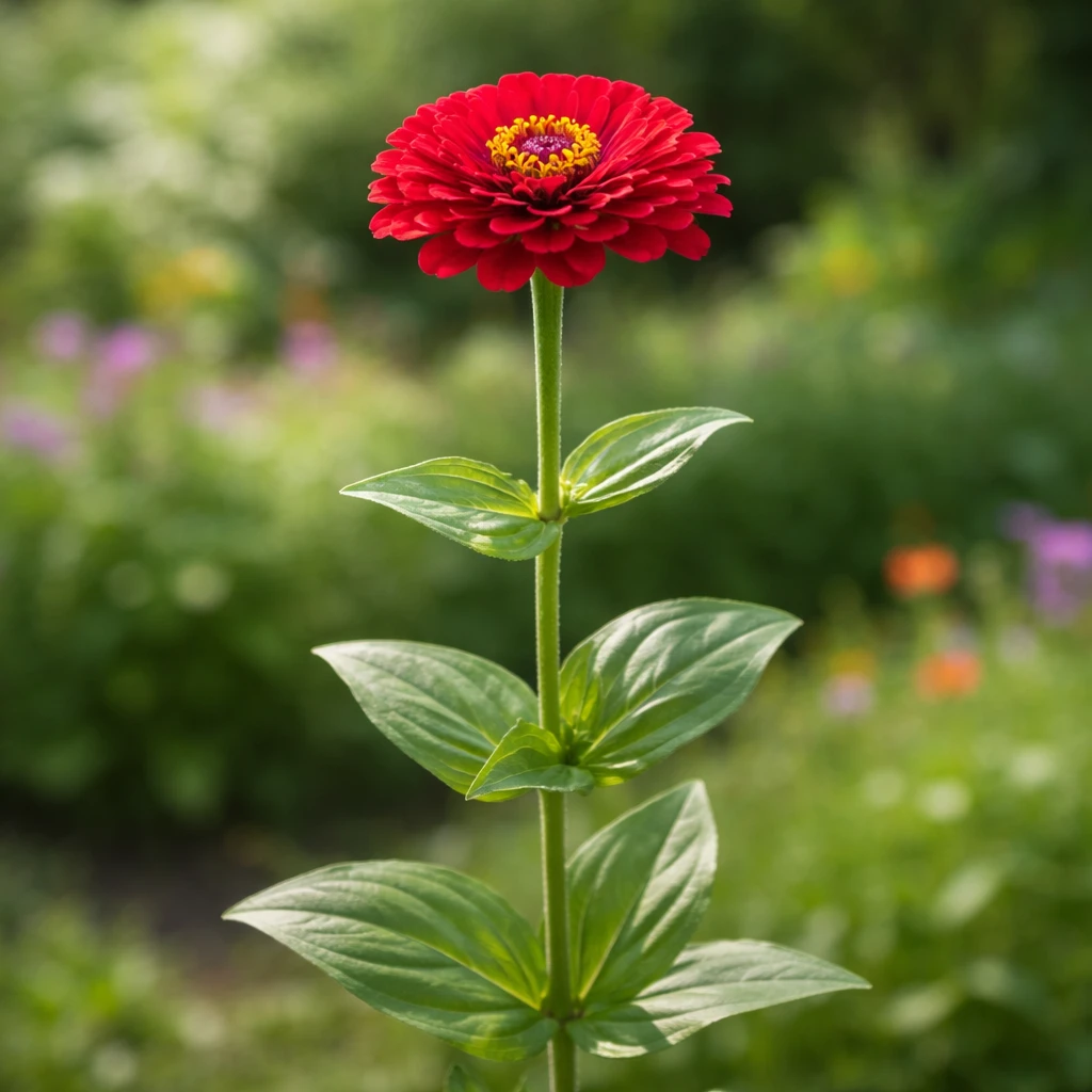 Creation by plants.im: A square-format photorealistic full shot of a red Common Zinnia (Zinnia elegans), showing the entire plant from stem to bloom. The flower stands upright in natural daylight, with realistic leaf texture and soft shadows. Background is a gently blurred garden environment, high botanical accuracy, DSLR photography style.