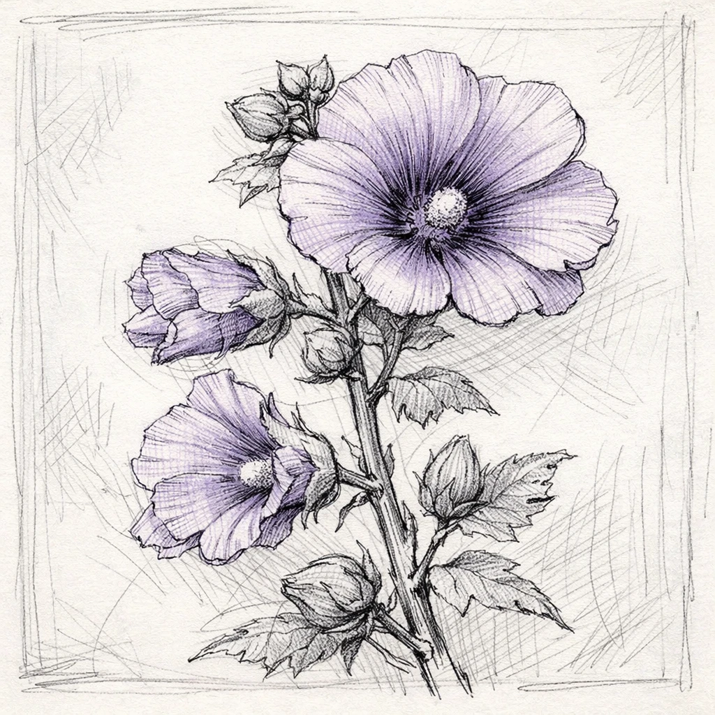 Creation by plants.im: 나의 말:
A square-format hand-drawn sketch of a purple Common Hollyhock (Alcea rosea), pencil and ink style with visible line work and light cross-hatching. The flower is slightly angled for a dynamic composition, natural imperfections preserved. Monochrome sketch base with subtle purple tint on the petals, no text, artbook botanical sketch feel.