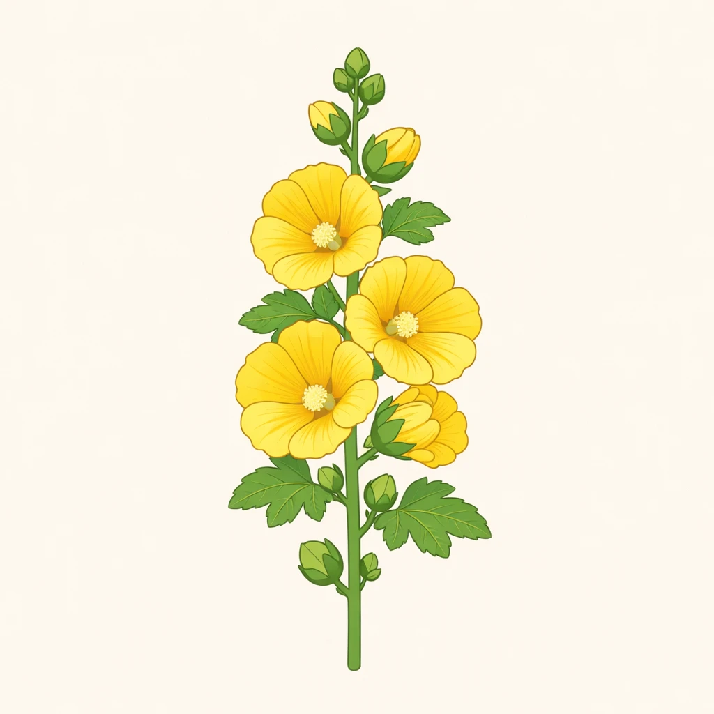Creation by plants.im: A square-format botanical illustration of a yellow Common Hollyhock (Alcea rosea), clean and minimal style, flat yet refined shading, smooth outlines, and balanced composition. The flower and stem are centered with ample negative space. No text, no symbols, soft pastel background, elegant and modern illustration aesthetic.
