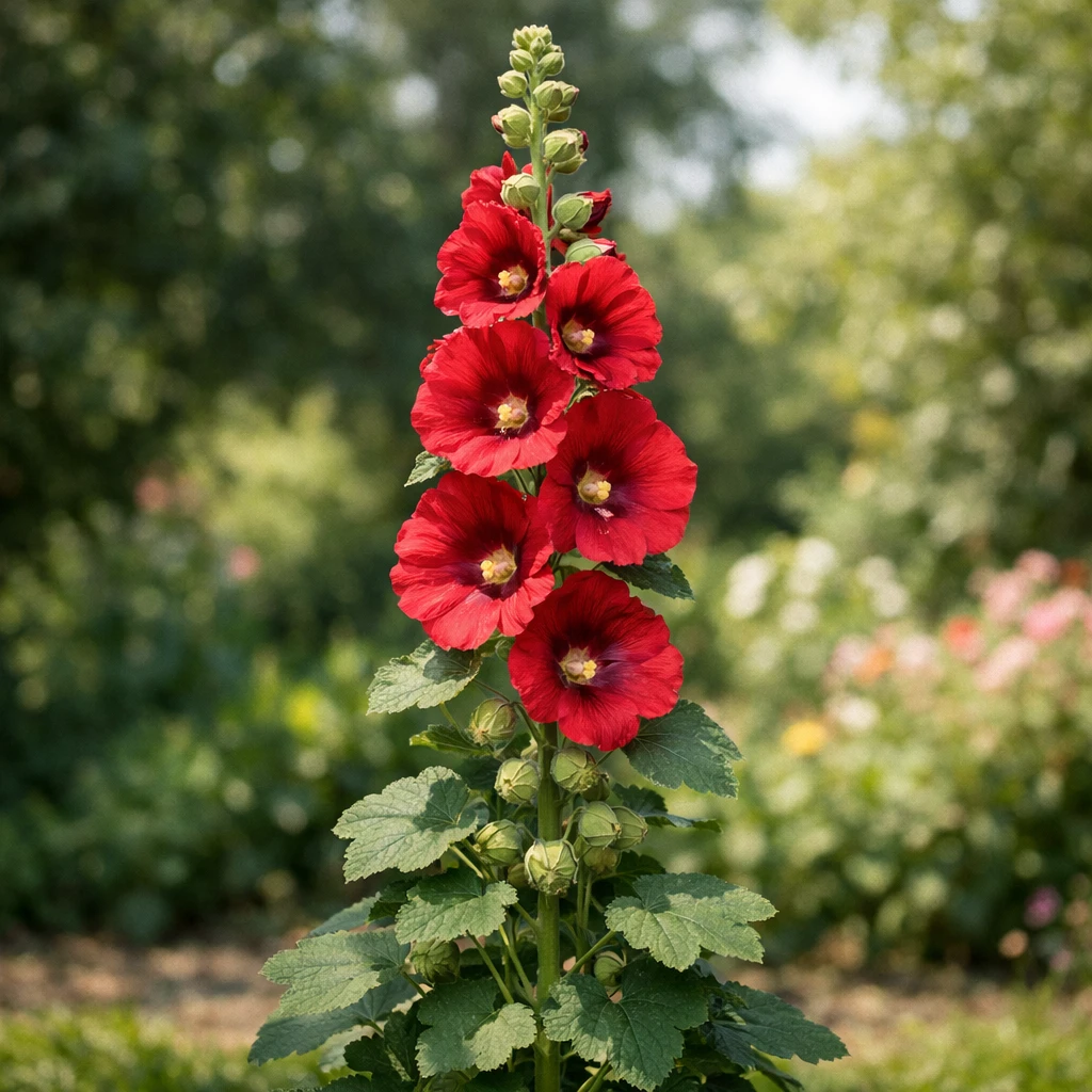 Creation by plants.im: A square-format photorealistic full shot of a red Common Hollyhock (Alcea rosea), tall stem rising vertically with multiple blooms aligned along the stalk, captured in natural daylight. The entire plant is visible from the base to the top flower, with a softly blurred garden background. Ultra-realistic texture, natural shadows, high botanical accuracy, DSLR photography style.