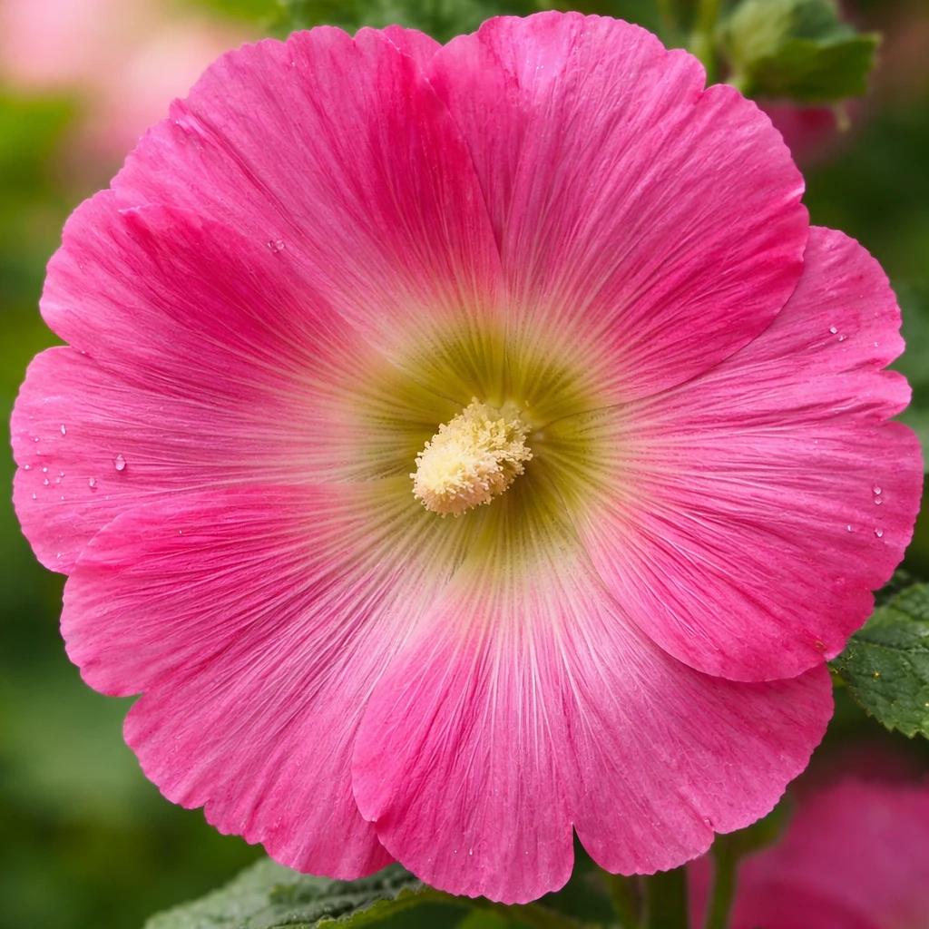 Creation by plants.im: A square-format photorealistic close-up of a pink Common Hollyhock (Alcea rosea) flower, focusing on the detailed petals and central stamens. The bloom fills most of the frame, with shallow depth of field and smooth bokeh background. Macro photography, crisp petal texture, natural lighting, realistic color reproduction.