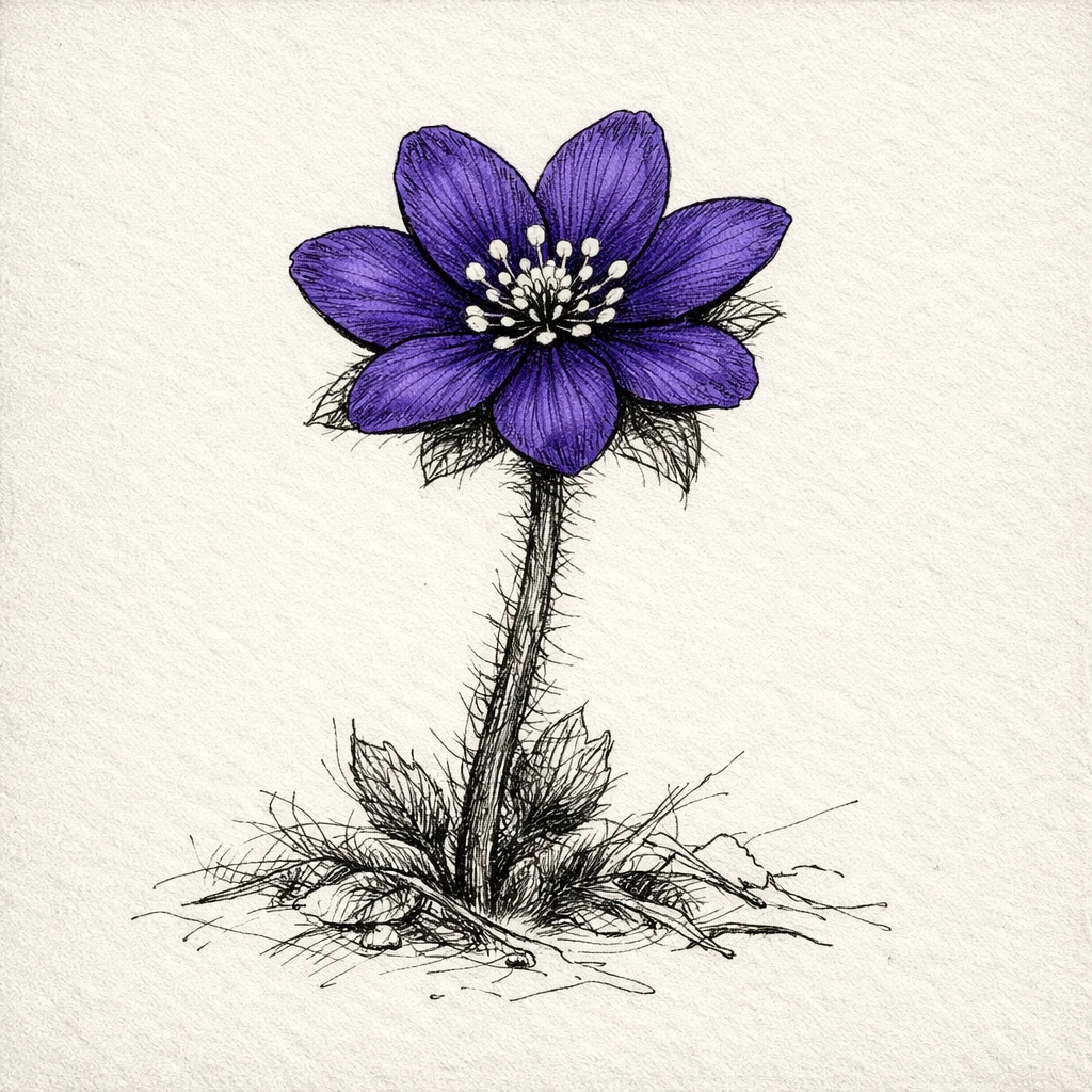 Creation by plants.im: Square composition, hand-drawn botanical sketch of Asian hepatica (Hepatica asiatica Nakai), fine pencil and ink linework, single deep violet flower only, detailed petal shape and hairy stem, natural imperfections, subtle cross-hatching and varied line weight, vintage botanical field-sketch style, off-white paper background, no color fill except the flower, no text