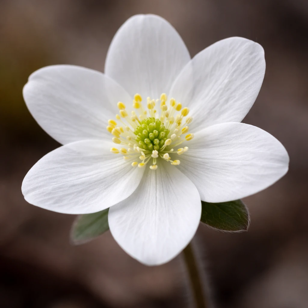 Creation by plants.im: Square composition, ultra-realistic macro close-up of a single Asian hepatica (Hepatica asiatica Nakai) flower, pure white petals only, fine petal texture and subtle veins clearly visible, yellow-green stamens in sharp focus, soft diffused natural light, extremely shallow depth of field, high-resolution botanical macro photography, neutral blurred background, no CGI, no painting, no text