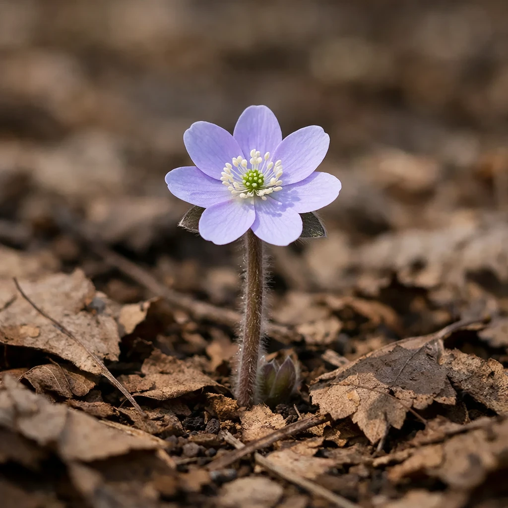Creation by plants.im: Square composition, ultra-realistic full shot photograph of Asian hepatica (Hepatica asiatica Nakai) growing naturally on a forest floor, single pale lavender flower only, delicate hairy flower stem emerging from dry brown leaf litter, early spring atmosphere, soft natural woodland daylight, realistic shadows, true botanical proportions, professional DSLR photography, shallow background blur, natural color grading, no stylization, no illustration, no text