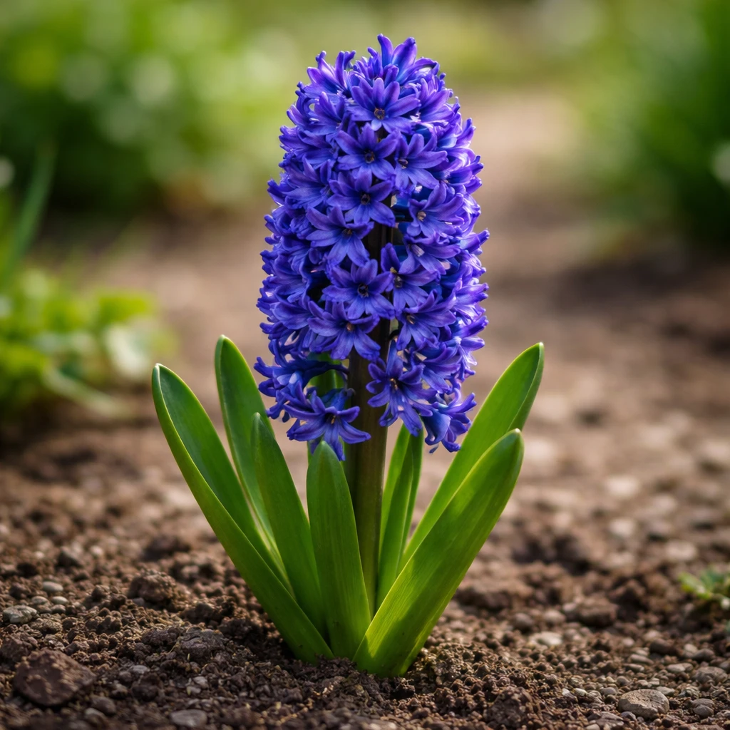 Creation by plants.im: Square composition, ultra-realistic full shot photograph of Hyacinth (Hyacinthus orientalis L.) growing naturally in soil, upright flower spike with densely packed florets, rich deep blue flowers only, fresh green leaves at the base, soft natural spring daylight, realistic shadows, true botanical proportions, professional DSLR photography, shallow background blur, natural color grading, no stylization, no illustration, no text.