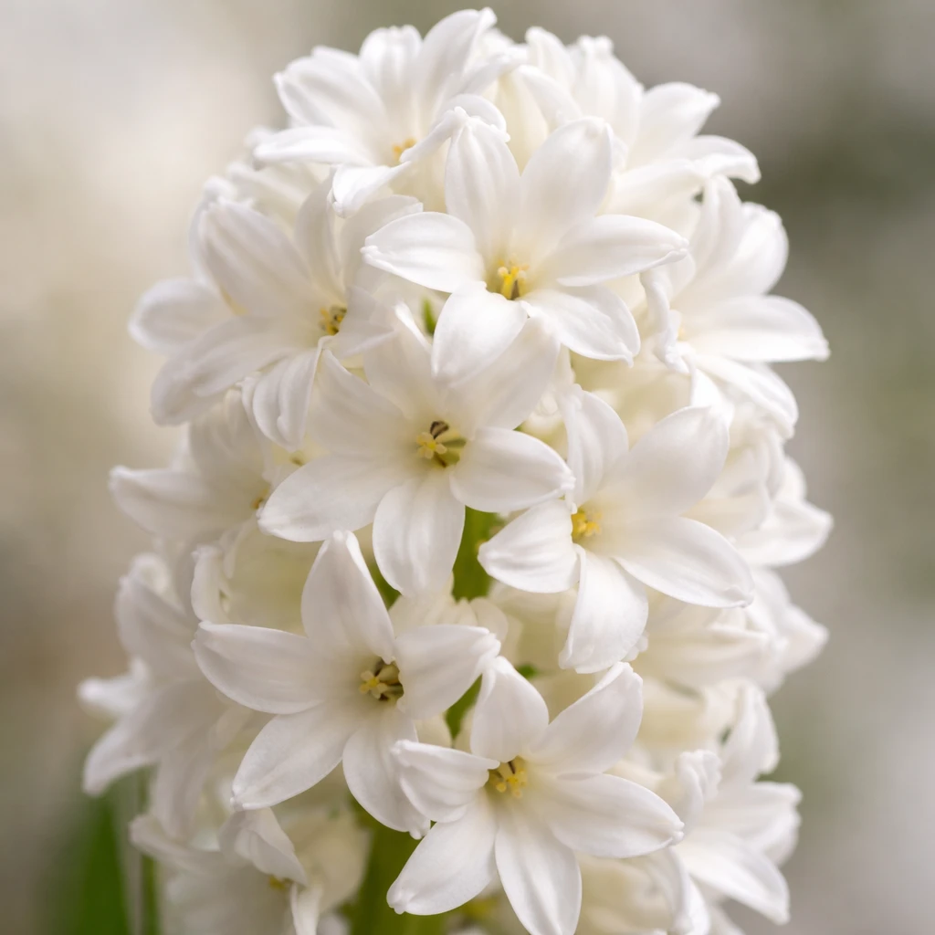 Creation by plants.im: Square composition, ultra-realistic macro close-up of a single Hyacinth flower cluster (Hyacinthus orientalis L.), pure white flowers only, highly detailed petal texture and tightly packed florets, subtle translucency, soft diffused natural light, extremely shallow depth of field, high-resolution botanical macro photography, neutral blurred background, no CGI, no painting, no text.