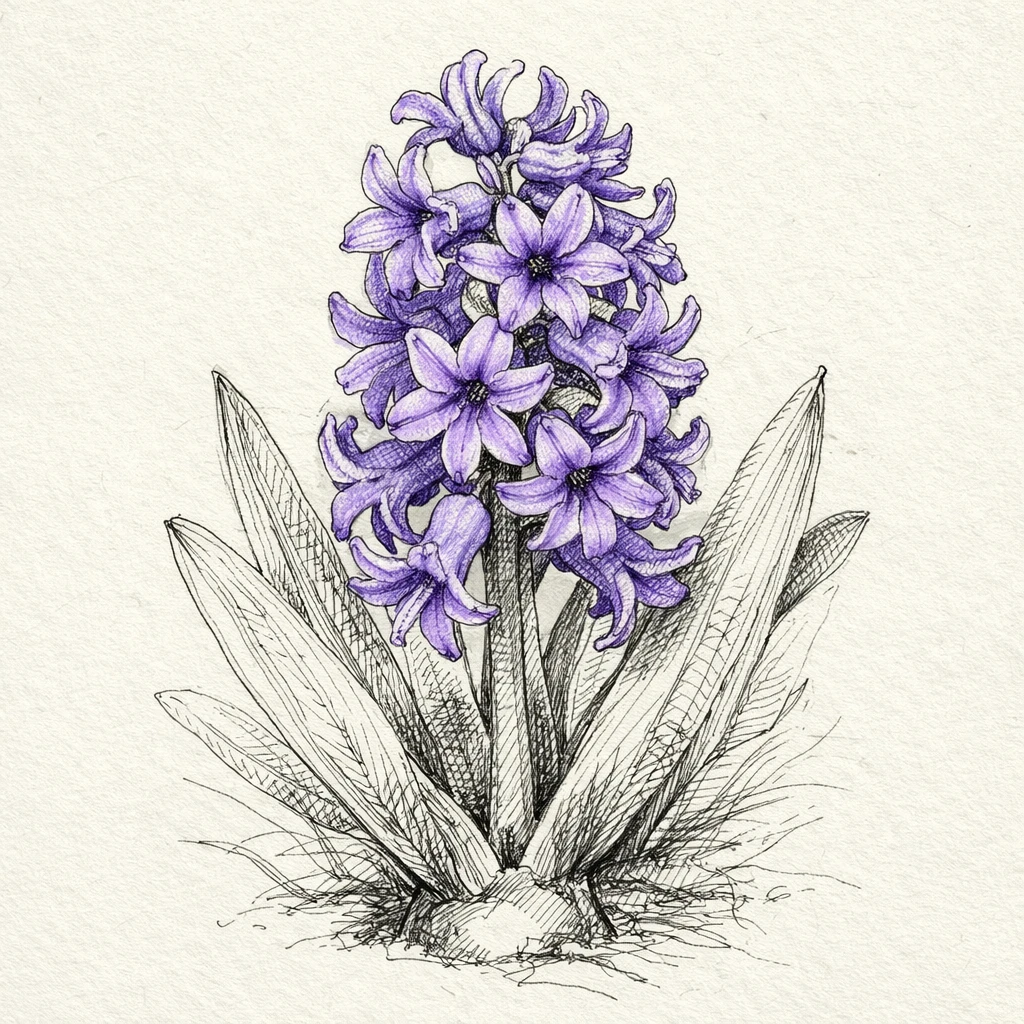Creation by plants.im: Square composition, hand-drawn botanical sketch of Hyacinth (Hyacinthus orientalis L.), fine pencil and ink linework, delicate violet-purple flowers only, tightly clustered bell-shaped florets, natural imperfections, subtle cross-hatching and varied line weight, vintage botanical field-sketch style, off-white paper background, no color fill except the flowers, no text.