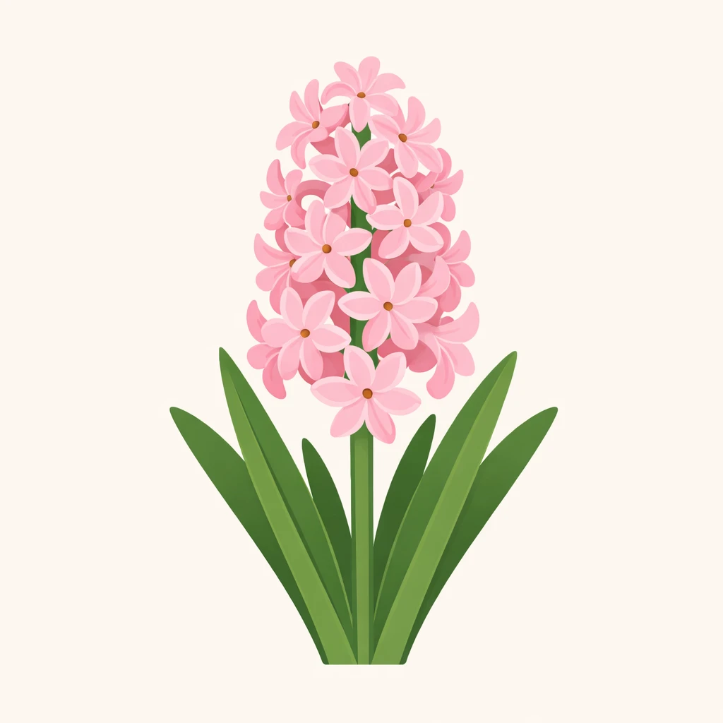 Creation by plants.im: Square composition, clean botanical illustration of Hyacinth (Hyacinthus orientalis L.), stylized yet scientifically accurate form, simplified stem and leaf structure, soft pastel pink flowers only, smooth vector-like lines, flat and elegant color palette, minimal shading, light neutral background, no labels, no typography, no text.