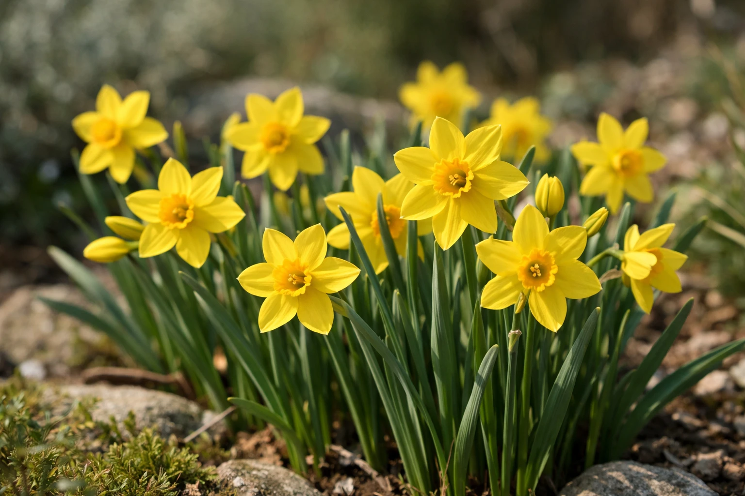 Creation by lad0305: A photorealistic horizontal layout photograph of Narcissus jonquilla, featuring bright yellow flowers only, blooming in early spring. The scene shows a natural garden setting with soft daylight, realistic depth of field, and fine details of petals and slender green leaves. Shot as if taken with a professional DSLR camera, natural background, no text, no graphics, no illustration elements.