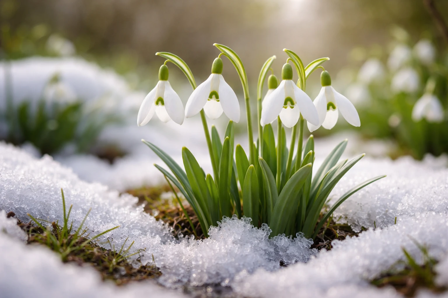 Creation by lad0305: A horizontal, high-resolution realistic photograph of snowdrop flowers (Galanthus nivalis) blooming through melting snow, pure white bell-shaped petals with subtle green markings, natural soft daylight, early spring atmosphere, shallow depth of field, garden or woodland setting, no text, ultra-detailed, photorealistic style